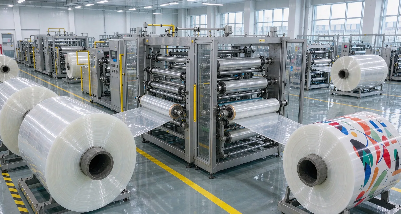 Solventless lamination line with jumbo film rolls