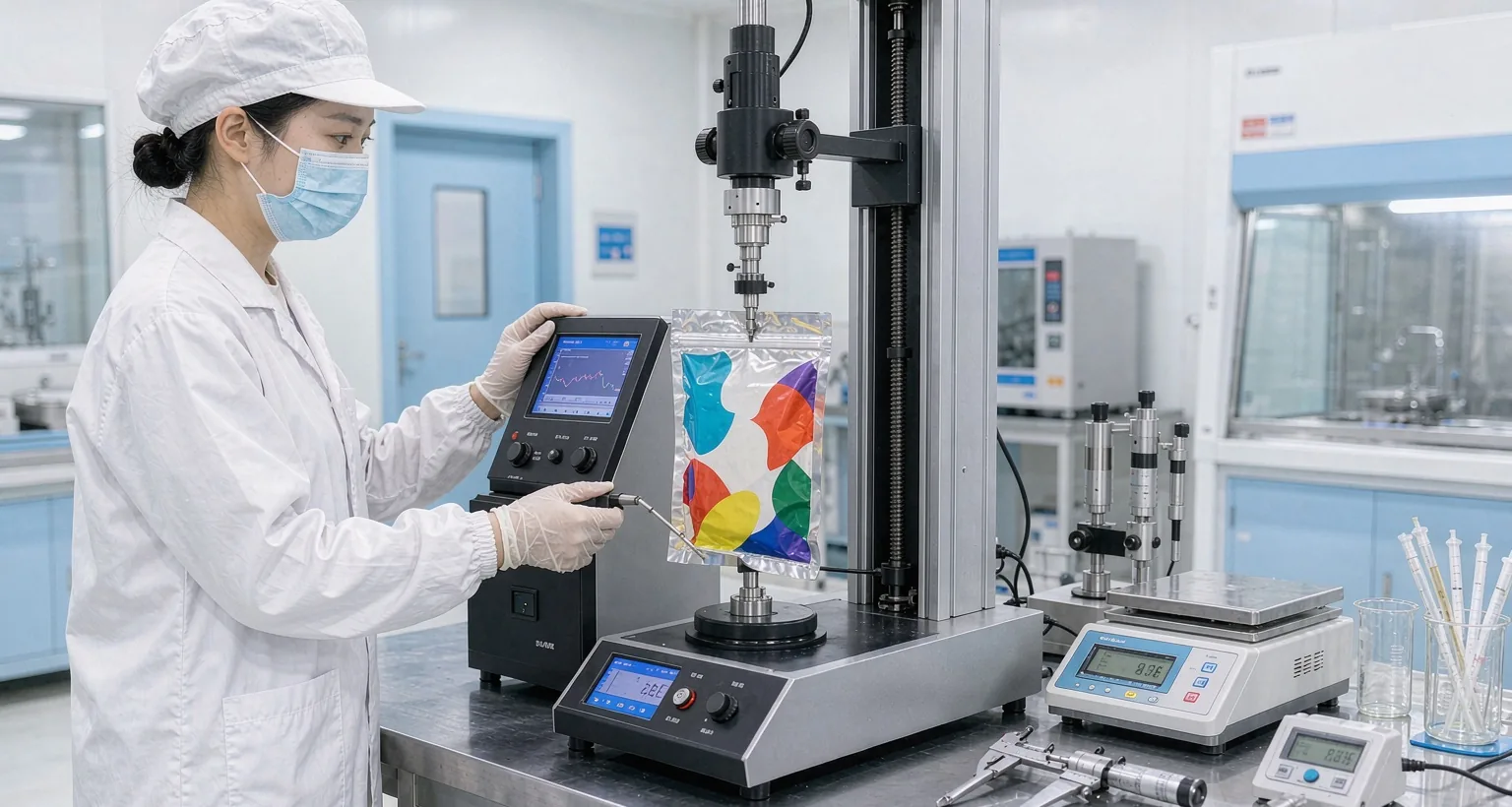 Seal strength testing in the XGS Packaging QC laboratory